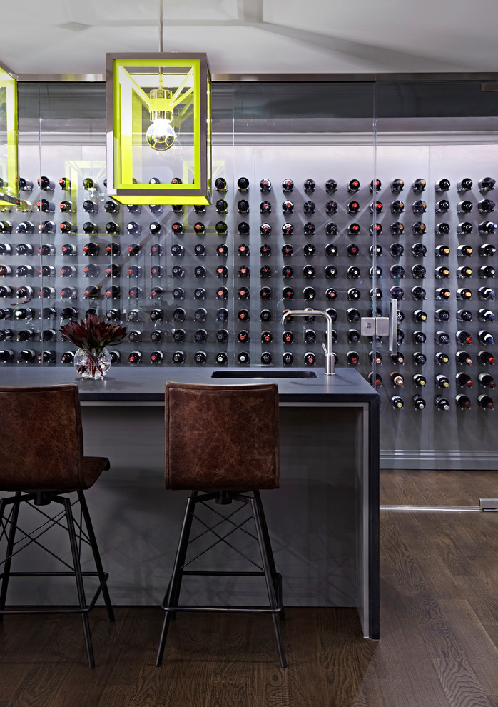 Design ideas for an expansive modern wine cellar in New York with dark hardwood floors and display racks.