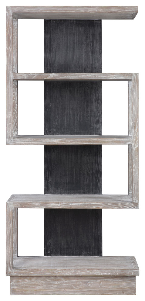 Dramatic Staggered Shelf Modern Etagere Open Black Gray Wood S Shape ...
