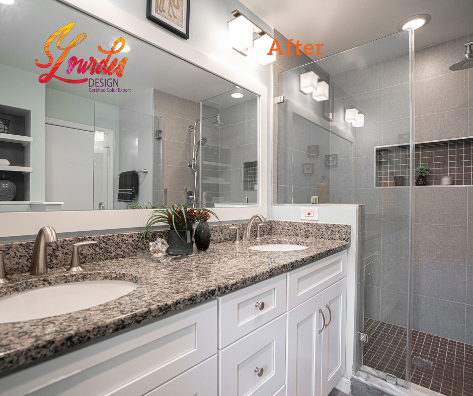 Inspiration for a mid-sized transitional master blue tile and ceramic tile ceramic tile and multicolored floor alcove shower remodel in DC Metro with shaker cabinets, white cabinets, a one-piece toilet, blue walls, a drop-in sink, granite countertops, a hinged shower door and multicolored countertops