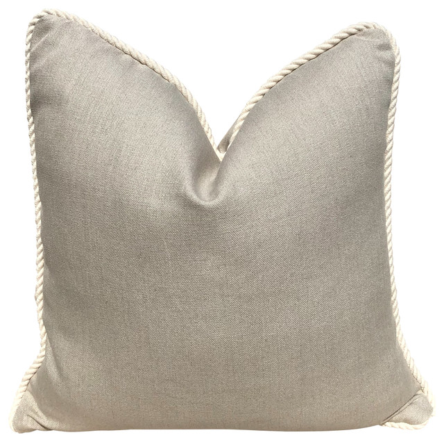 Taupe Linen Pillow Embelished With Cotton Rope Trim Beach Style