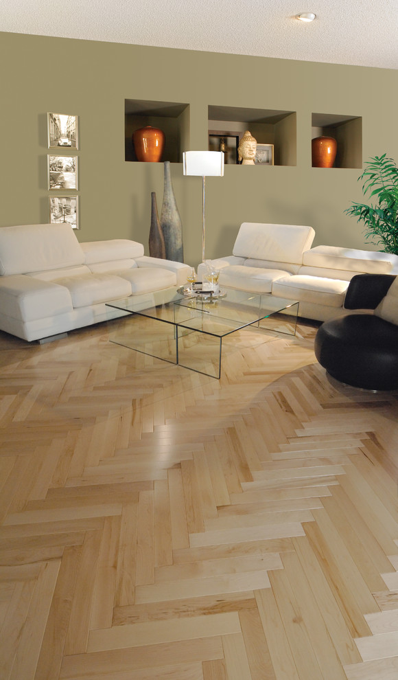 Mid-sized transitional open concept light wood floor living room photo with green walls