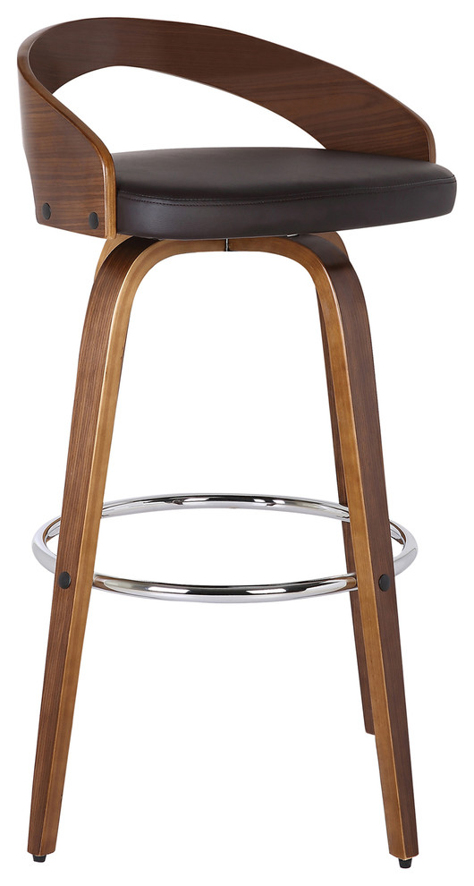 Sonia Swivel Faux Leather and Wood Stool, Brown and Walnut, Counter Height 26"