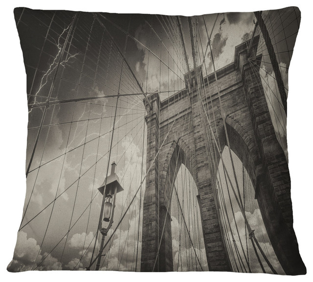 Upward View of Brooklyn Bridge Cityscape Photo Throw Pillow, 18"x18"