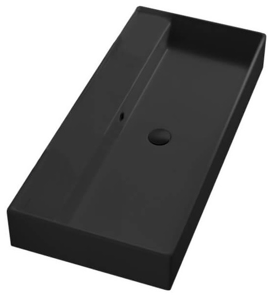 Matte Black Ceramic Trough Wall Mounted or Vessel Sink Contemporary