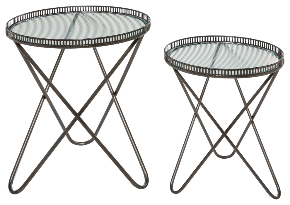 Round Industrial Metal Accent Tables With Glass Tops, Set of 2 26.5