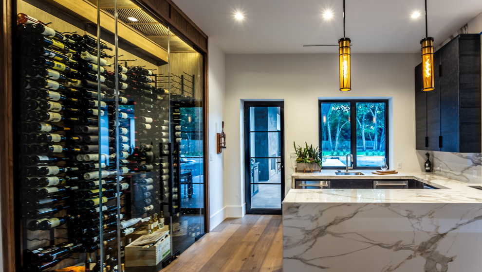 Photo of a mid-sized modern wine cellar in Houston with porcelain floors, storage racks and black floor.