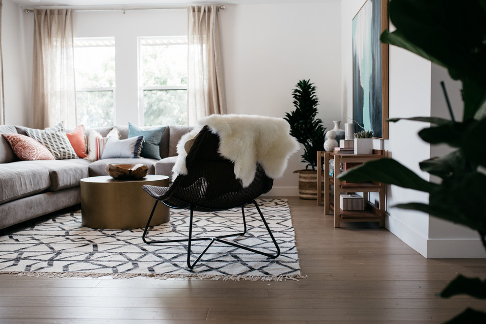 Living room - small transitional light wood floor living room idea in San Diego with white walls