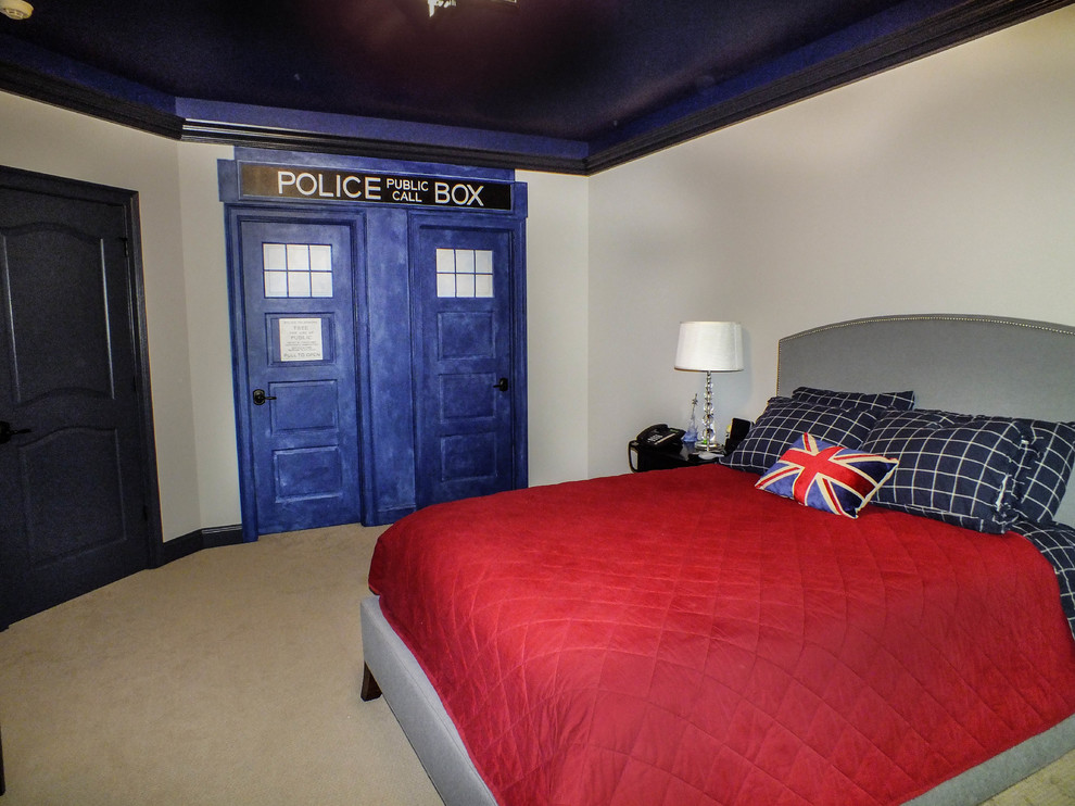 Photo of an expansive traditional kids' room for boys in Cleveland with grey walls and carpet.