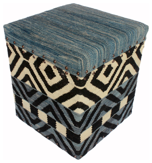 Rustic Delora Handmade Kilim Upholstered Ottoman, 16 in. x 16 in. x 20 in. Southwestern