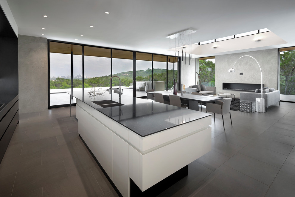 Contemporary kitchen in Austin with white appliances.