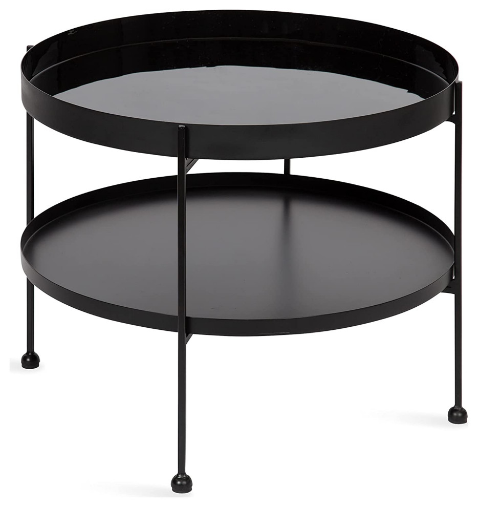 Modern Coffee Table, Metal Frame With Tray Like Round Top & Shelf, Glossy Black
