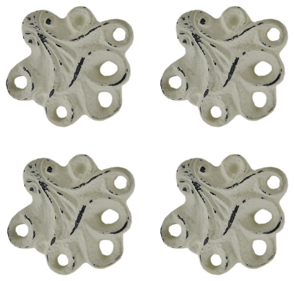 Set of 4 Distressed Finish Beige Cast Iron Octopus Drawer Pulls