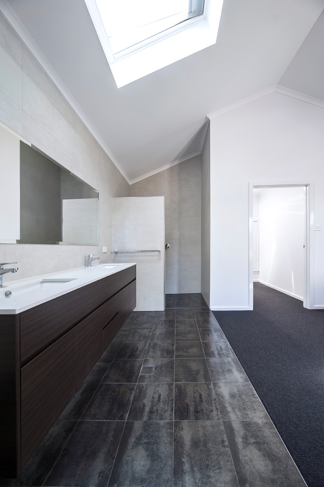 Design ideas for a mid-sized contemporary master bathroom in Canberra - Queanbeyan with brown cabinets, brown tile, white walls and porcelain floors.