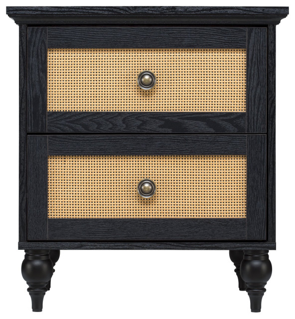 Transitional Coastal Nightstand, 2 Ample Drawers With Rattan Front
