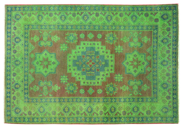 Hand-Knotted Light Green Overdyed Kazak 100% Wool Oriental Rug