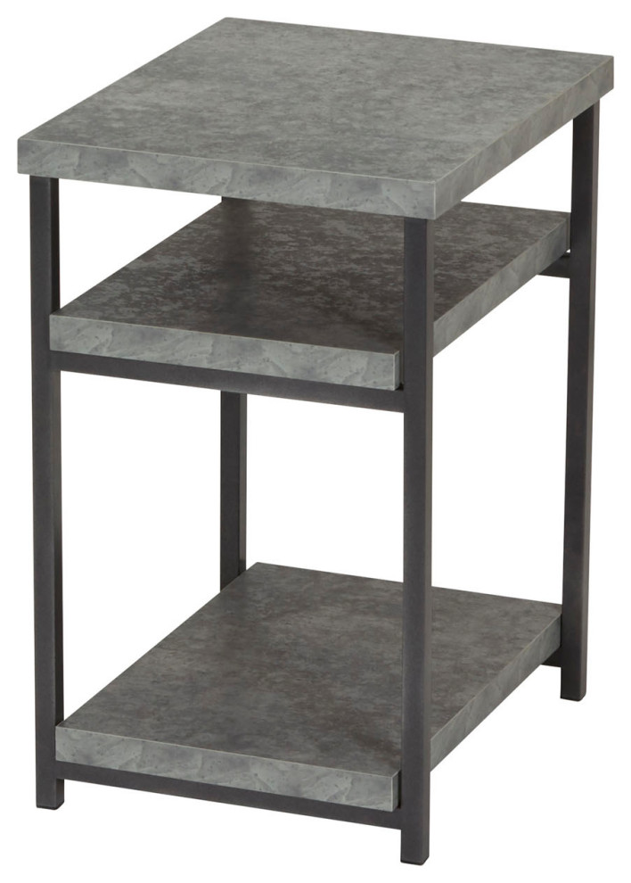 Rectangular Side End Table, Storage Shelves Rustic Slate Concrete, Black Metal Industrial