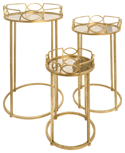 3Piece Set Gold Accent Tables, Aged Mirror Top Contemporary Side