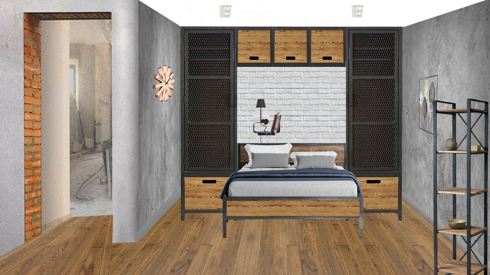 Проект жилой комнаты с зонированием гостиной, спальни и кабинета