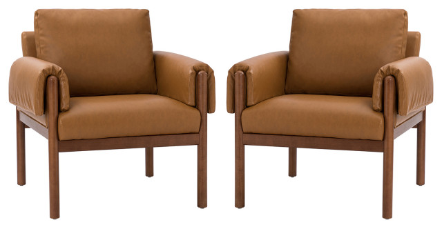 Contemporary Comfy Arm Chair Set With Solid Wood Legs, Camel