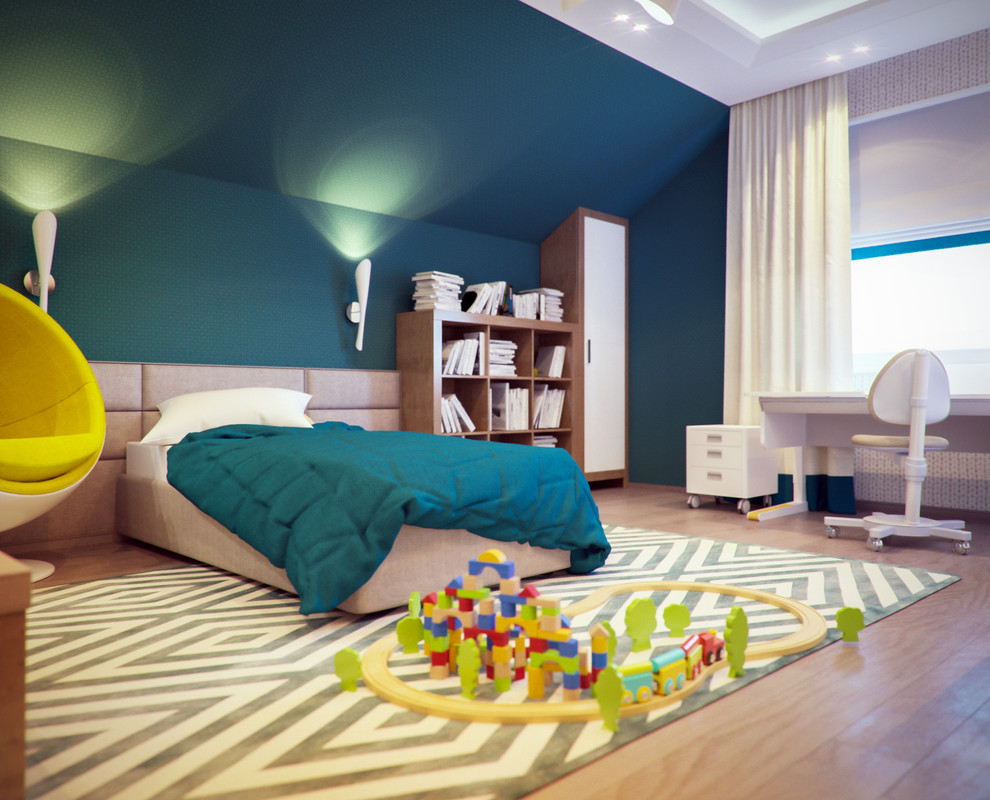 Großes Eklektisches Jungszimmer mit Schlafplatz, grüner Wandfarbe und braunem Holzboden in Frankfurt am Main