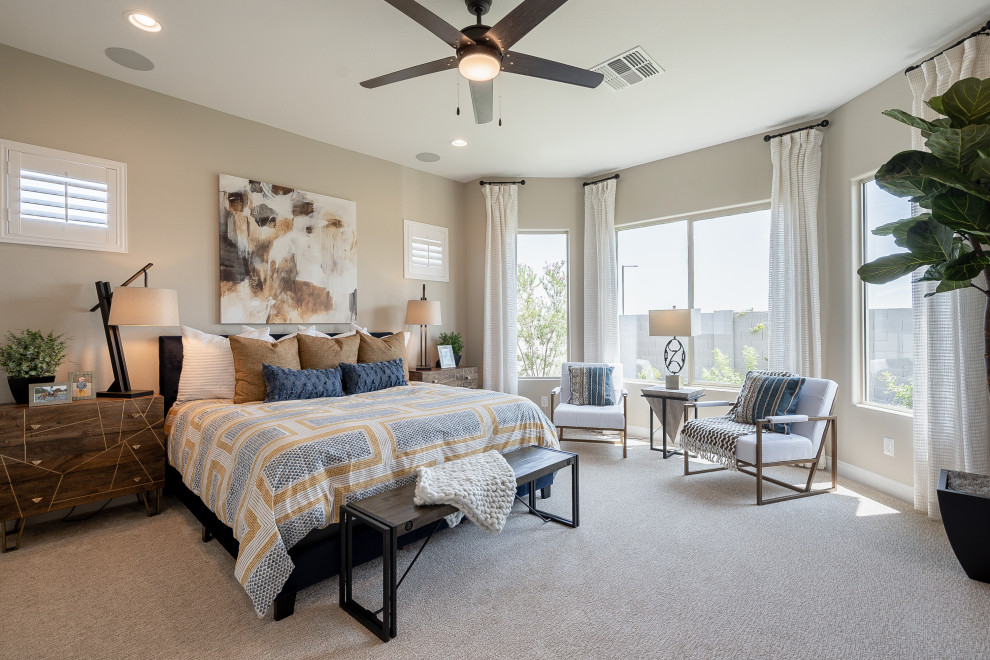 Mid-sized contemporary master bedroom in Phoenix with beige walls, carpet and beige floor.