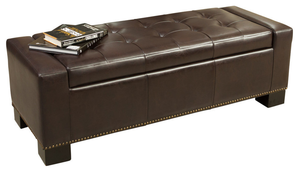 GDF Studio Jaxson Brown Leather Storage Ottoman With Studded Accent