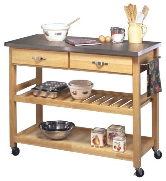 Natural Designer Utility Cart With Stainless Steel Top Transitional