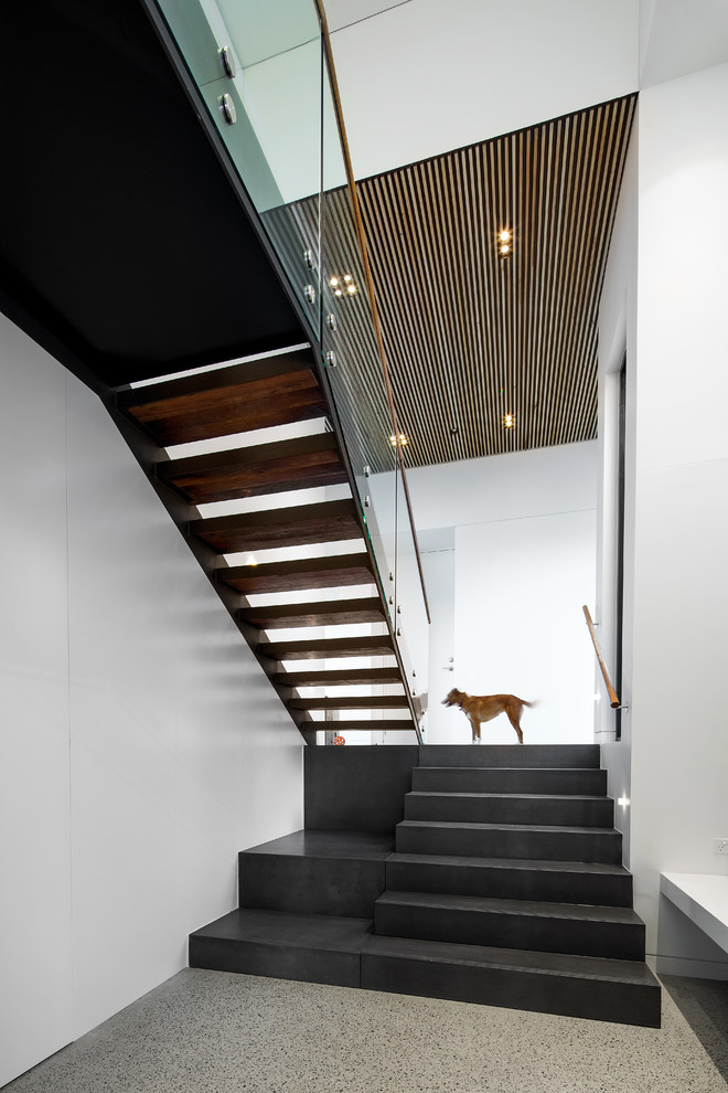 Photo of a mid-sized contemporary concrete straight staircase in Other with concrete risers and glass railing.