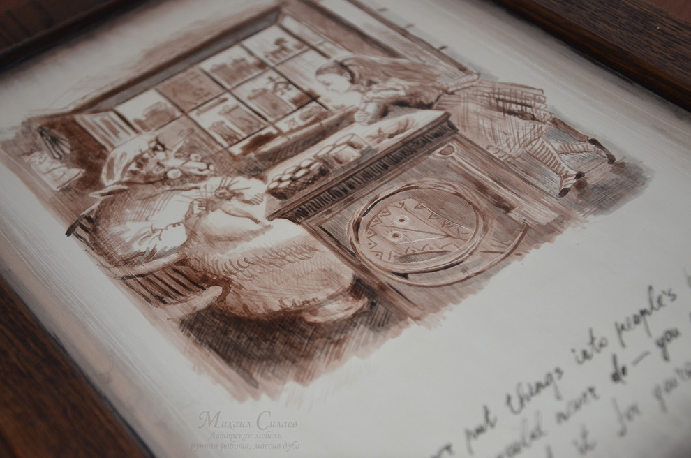 Графика на дубе для украшения интерьера.