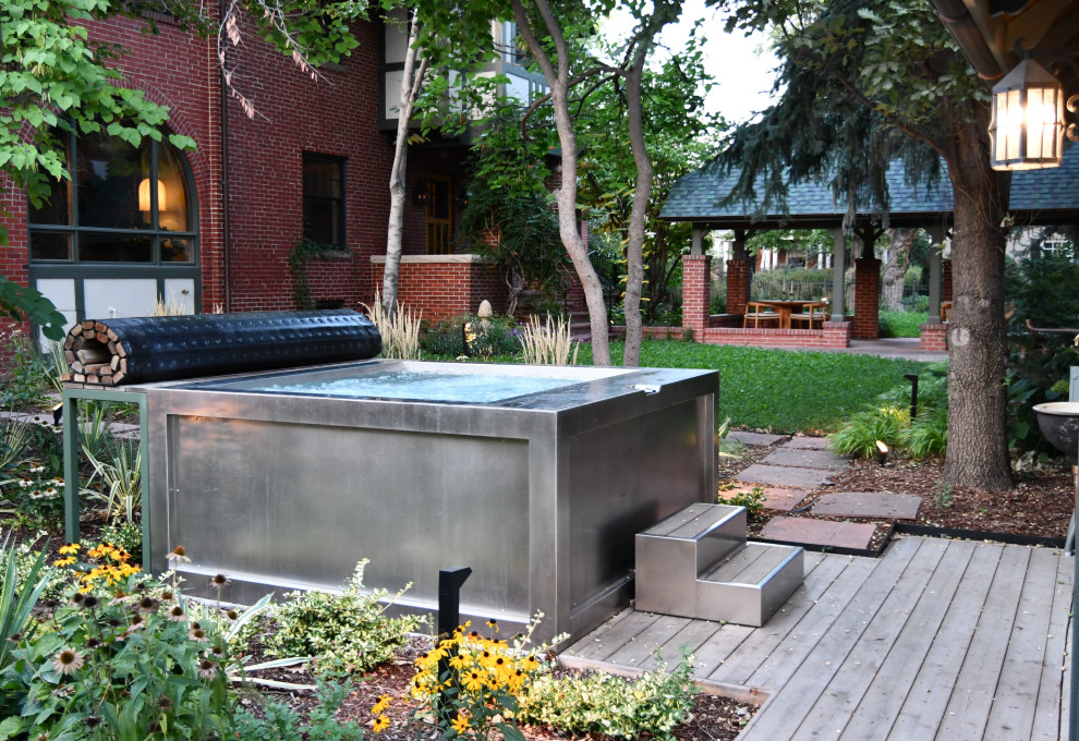 Example of a large transitional backyard rectangular aboveground pool design in Denver with decking