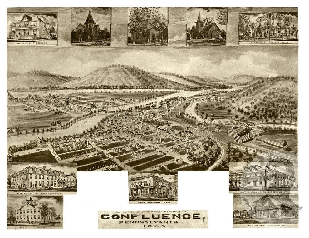 Old Map of Confluence Pennsylvania 1905, Vintage Map Art Print, 24"x36