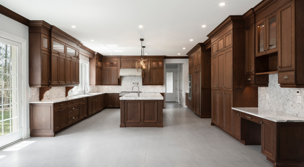 Inspiration for a large traditional galley eat-in kitchen in New York with a drop-in sink, shaker cabinets, dark wood cabinets, quartzite benchtops, multi-coloured splashback, granite splashback, stainless steel appliances, ceramic floors, with island, white floor, white benchtop and vaulted.