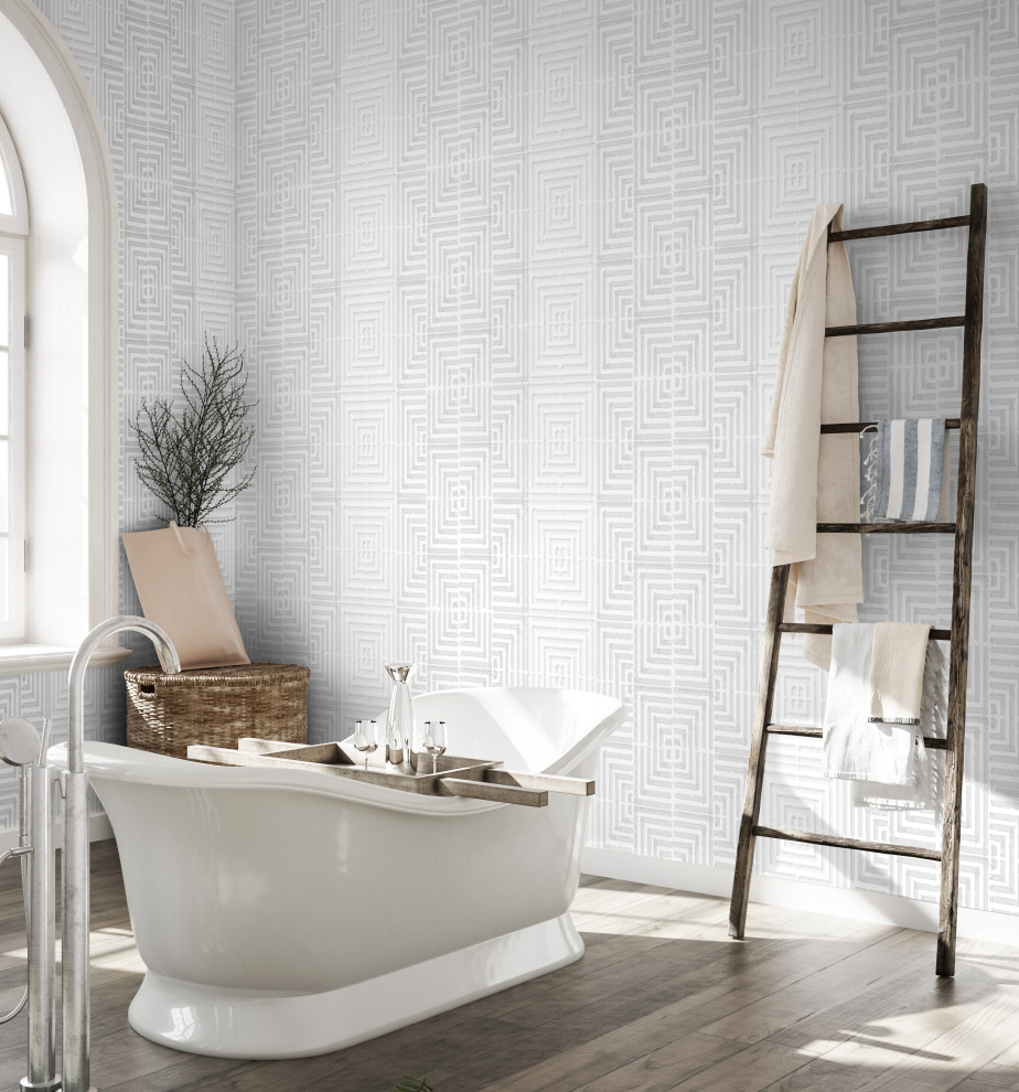 Esempio di una stanza da bagno moderna con pareti bianche e carta da parati