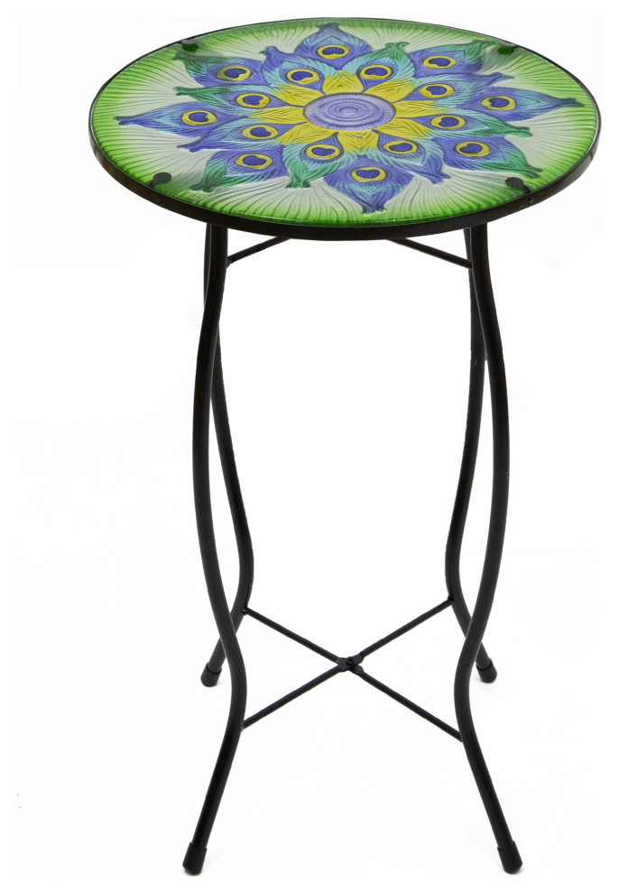19" Green and Blue Peacock Flower Tail Glass Patio Side Table