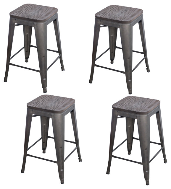 Black 24 In. Metal Bar Stool With Wood Seat 4 Piece Industrial Bar