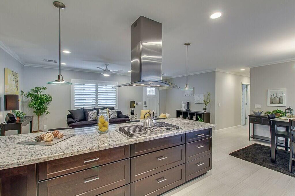 Mid-sized transitional u-shaped dark wood floor eat-in kitchen photo in Phoenix with a double-bowl sink, raised-panel cabinets, dark wood cabinets, wood countertops, white backsplash, subway tile backsplash, white appliances and no island