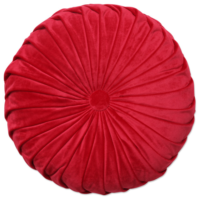Round Pleated Velvet 14" Pillow Red Contemporary Decorative Pillows