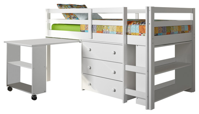 Donco Kids Studying Student Low Loft Bed White Twin
