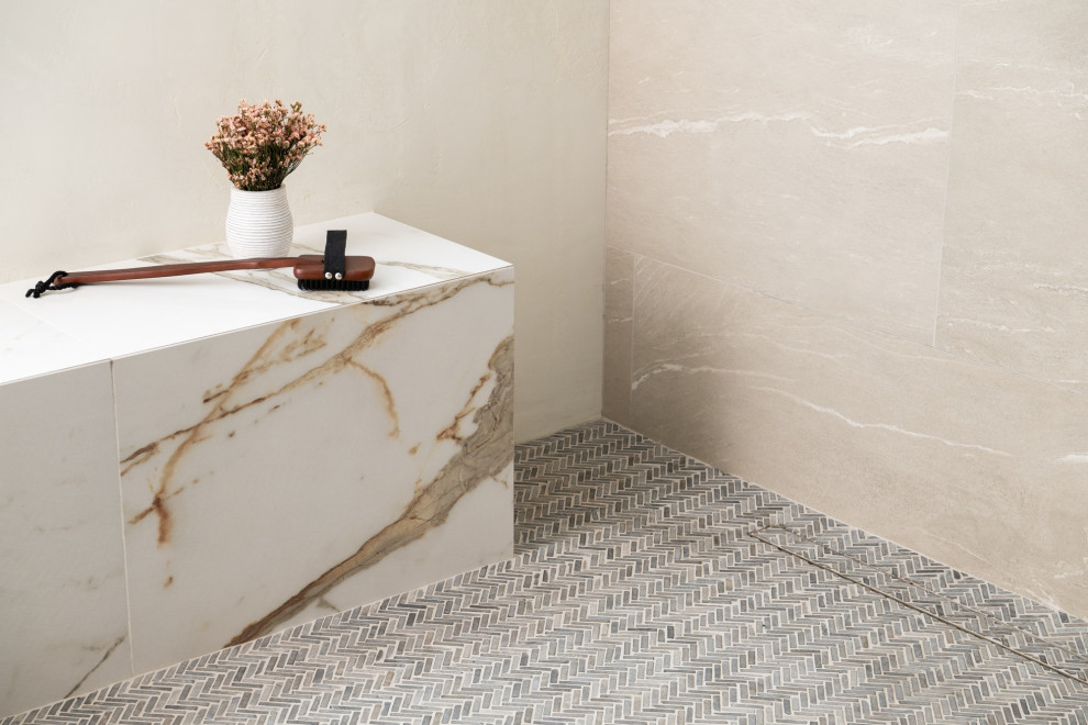 Transitional master multicolored tile and ceramic tile porcelain tile, beige floor and single-sink bathroom photo in Orange County with shaker cabinets, brown cabinets, a one-piece toilet, white walls, a vessel sink, quartz countertops, white countertops and a built-in vanity