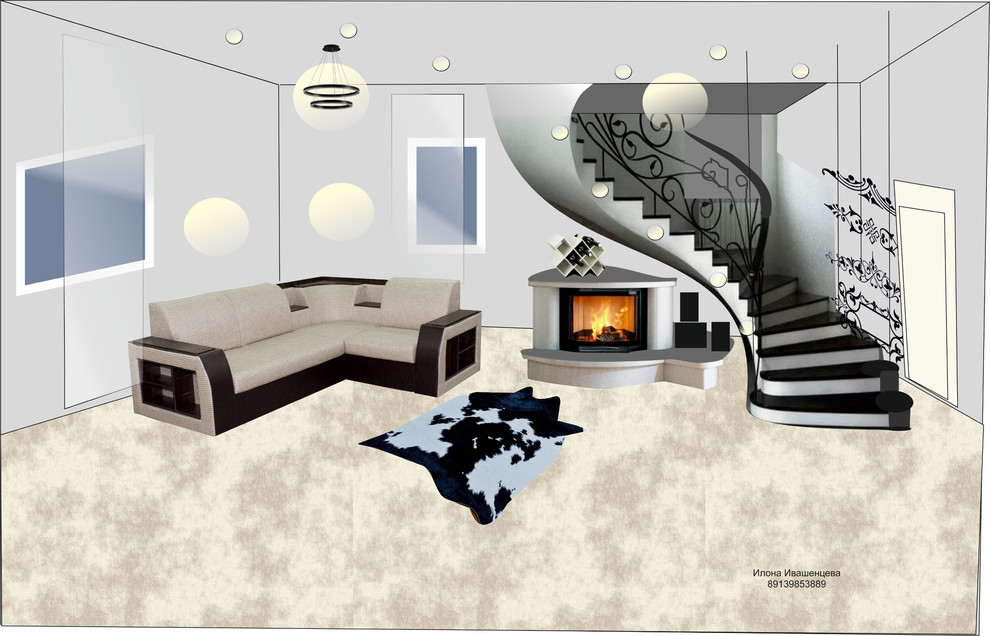 Дизайн гостиной в частном доме с лестницей