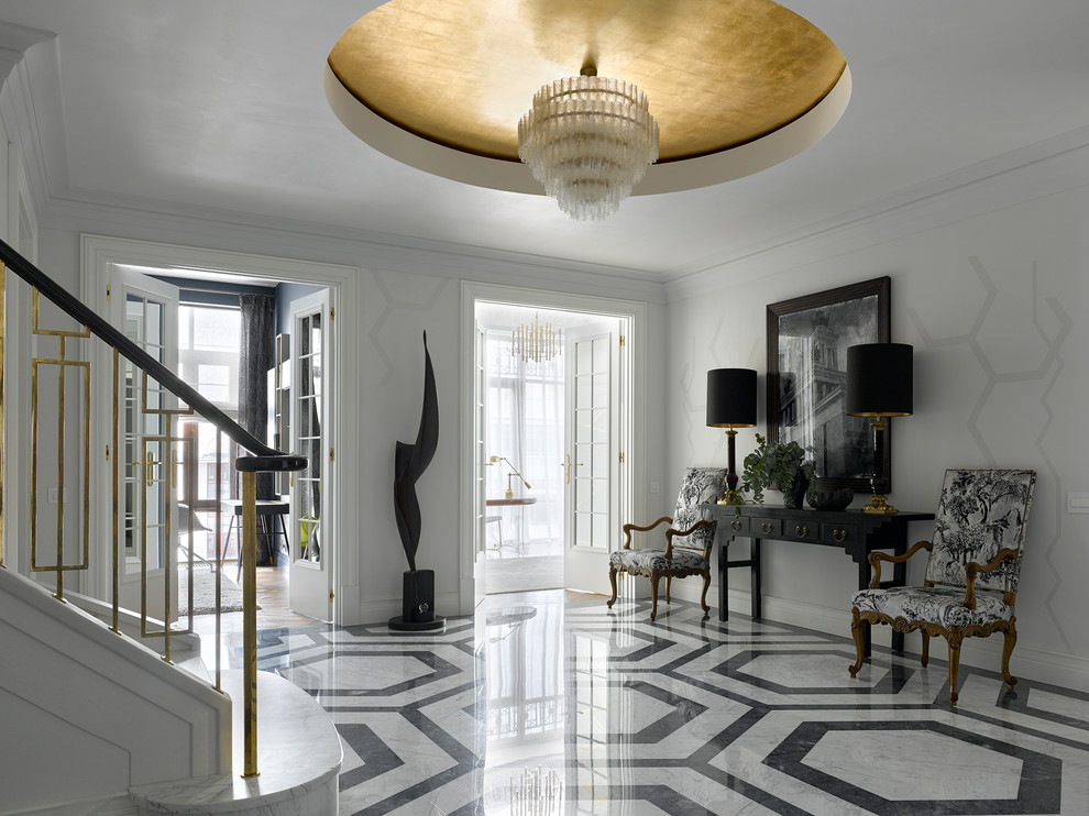 Transitional hallway in Moscow with white walls and marble floors.