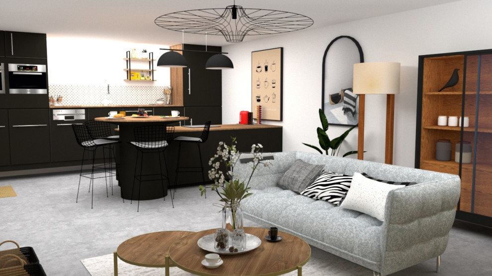 Пример оригинального дизайна: открытая гостиная комната среднего размера в стиле лофт с белыми стенами, полом из керамической плитки, телевизором в углу и серым полом без камина