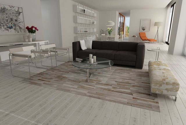 Patchwork Cowhide Rug Stripes Design In White Gray And Beige