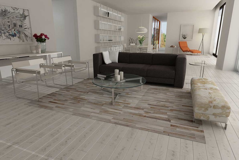 Patchwork Cowhide Rug Stripes Design In White Gray And Beige