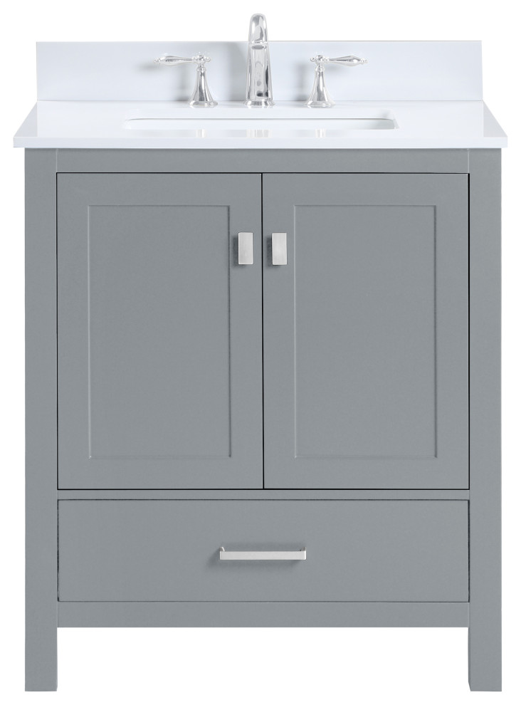 30" Gray Bathroom Vanity With White Quartz Top Transitional