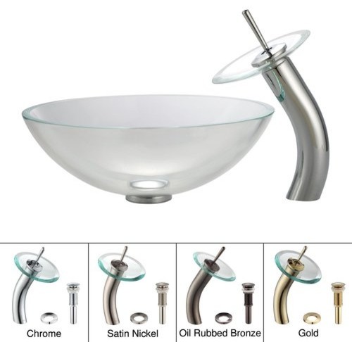 Kraus C-GV-100-12mm-10 16-1/2" Clear Glass Vessel Bathroom Sink w/ Vessel Faucet