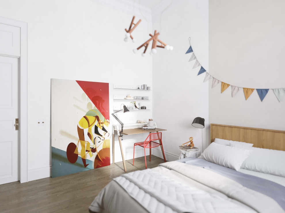 Exempel på ett stort nordiskt könsneutralt barnrum kombinerat med sovrum och för 4-10-åringar, med vita väggar, mellanmörkt trägolv och beiget golv