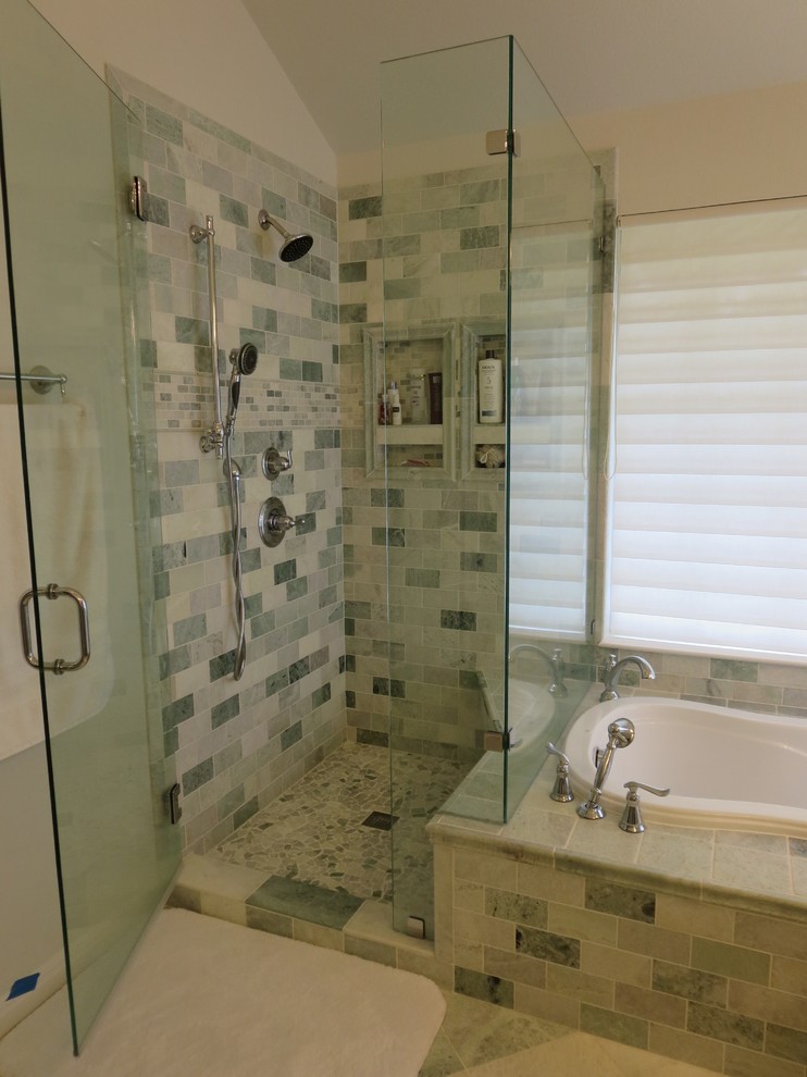 Design ideas for a mid-sized transitional master bathroom in Austin with shaker cabinets, white cabinets, a drop-in tub, a corner shower, a one-piece toilet, green tile, marble, green walls, marble floors, an undermount sink, marble benchtops, green floor and a hinged shower door.