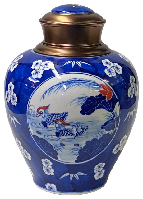 Oriental Blue White Flower Birds Porcelain Metal Lid Container Urn Hws3182