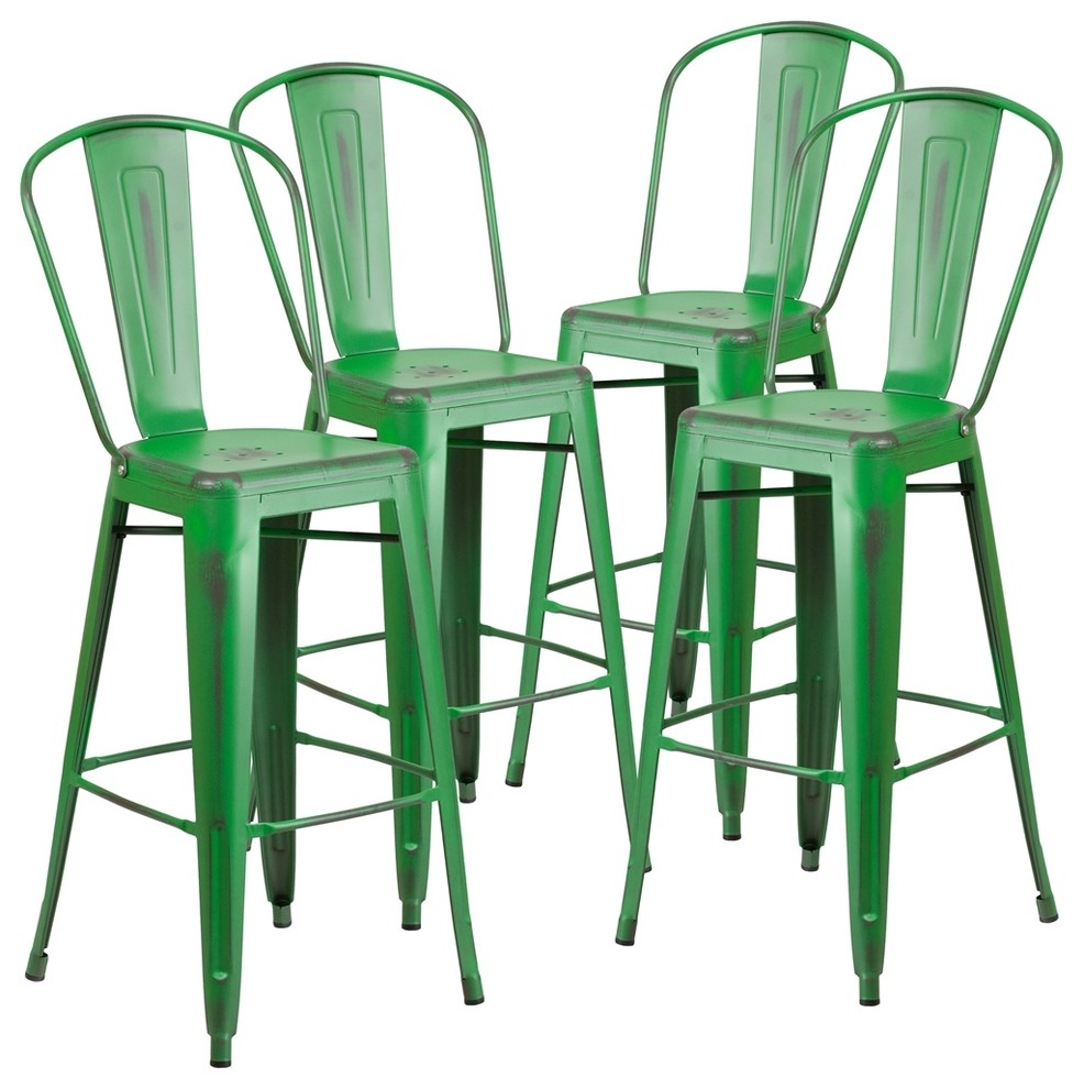 30" High Distressed Green Metal Indoor Barstools With Back, Set of 4